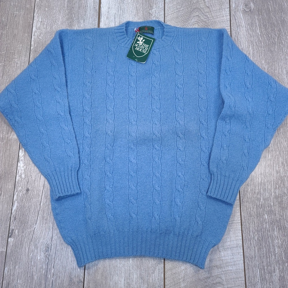 The Scotch House Sweater Mens Medium Blue Pure Shetland Wool Cable Knit Scotland